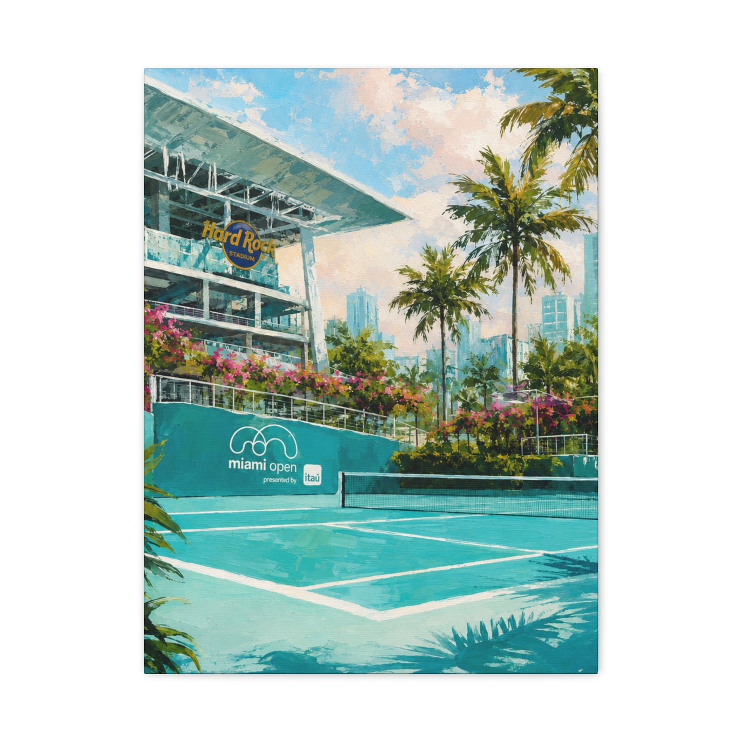 Miami Tennis Canvas Wall Art, Aqua Court Stadium Painting, Tropical Sports Decor, Tennis Lover Gift— Stretched Matte 1.25"