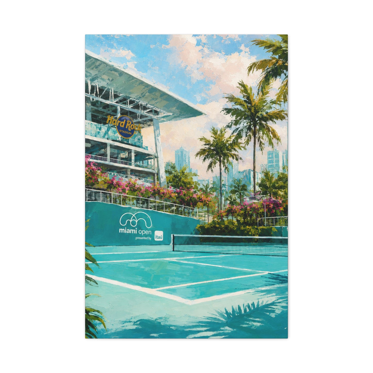 Miami Tennis Canvas Wall Art, Aqua Court Stadium Painting, Tropical Sports Decor, Tennis Lover Gift— Stretched Matte 1.25"