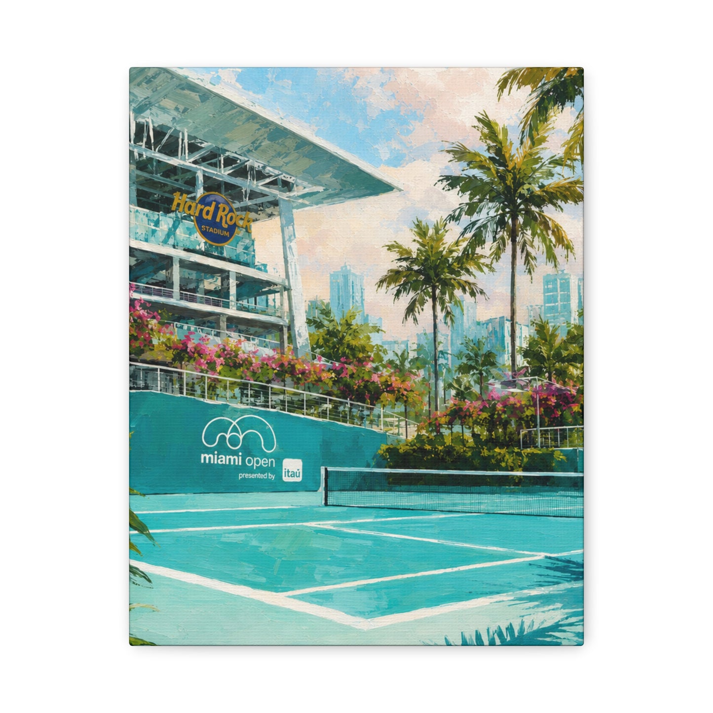 Miami Tennis Canvas Wall Art, Aqua Court Stadium Painting, Tropical Sports Decor, Tennis Lover Gift— Stretched Matte 1.25"