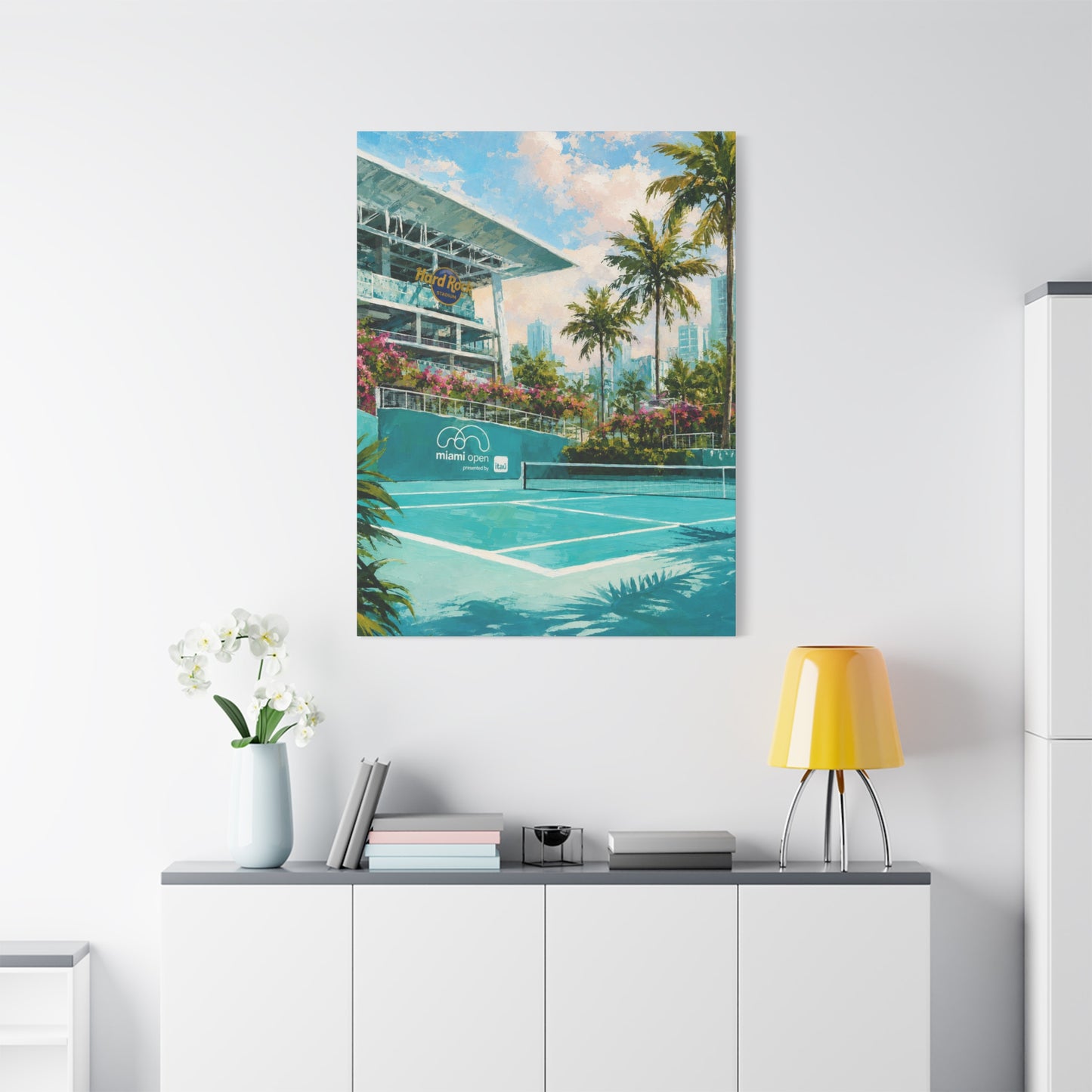 Miami Tennis Canvas Wall Art, Aqua Court Stadium Painting, Tropical Sports Decor, Tennis Lover Gift— Stretched Matte 1.25"