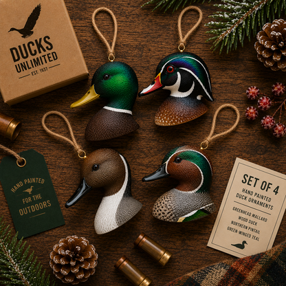 Waterfowl Ornament Set of 4 | Hand-Painted Duck Head Christmas Ornaments | Duck Hunter Gift Set