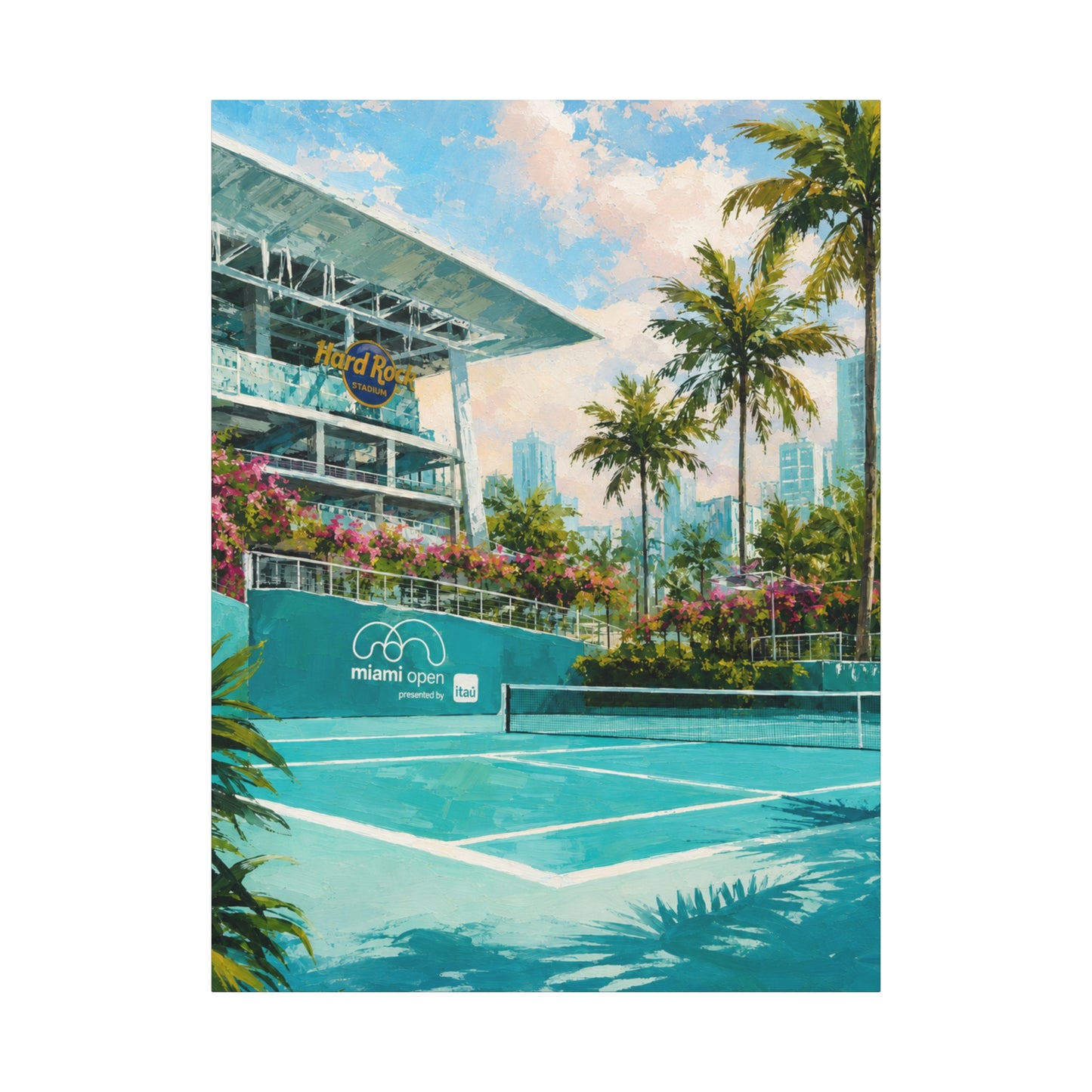Miami Tennis Canvas Wall Art, Aqua Court Stadium Painting, Tropical Sports Decor, Tennis Lover Gift— Stretched Matte 1.25"